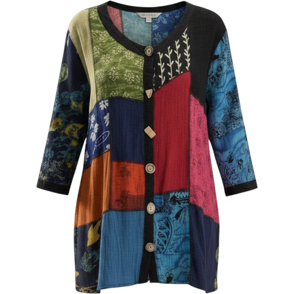 La Cera Patchwork Blouse 1X Multicolor Boho Lagenlook Colorblock Button Front